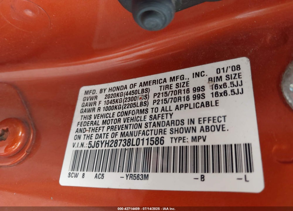 2008 HONDA ELEMENT VIN: 5J6YH28738L011586