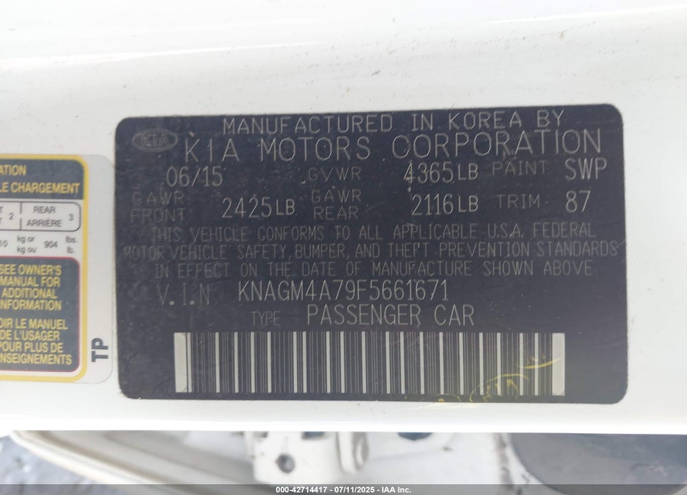 2015 KIA OPTIMA VIN: KNAGM4A79F5661671