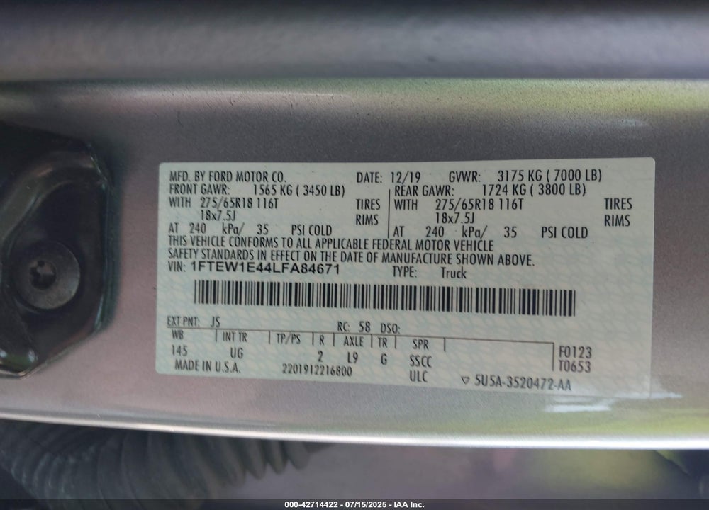2020 FORD F-150 VIN: 1FTEW1E44LFA84671