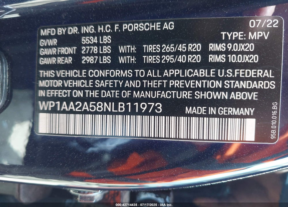 2022 PORSCHE MACAN VIN: WP1AA2A58NLB11973