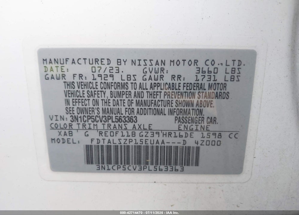 2023 NISSAN KICKS SV XTRONIC CVT VIN: 3N1CP5CV3PL563363