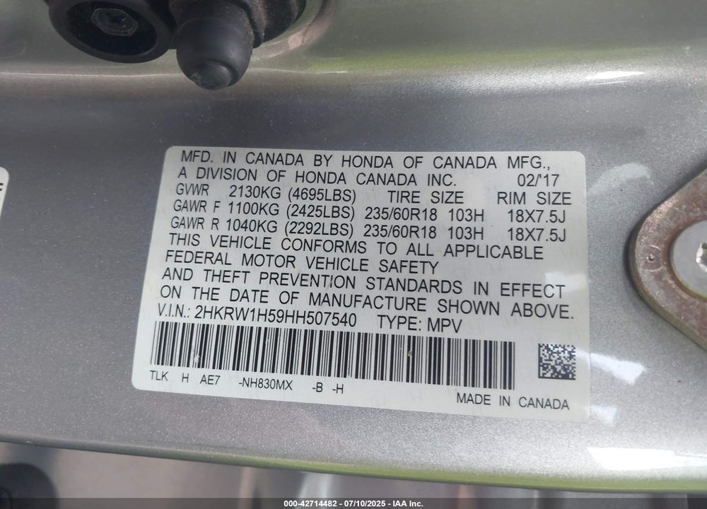 2017 HONDA CR-V EX VIN: 2HKRW1H59HH507540