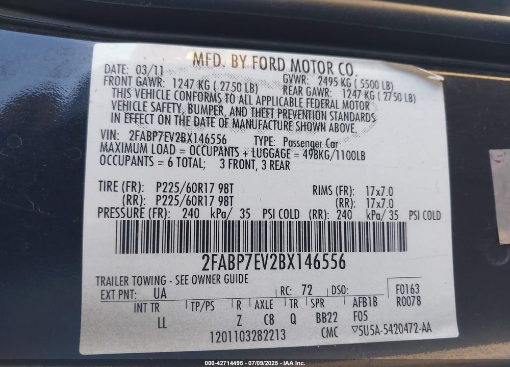 2011 FORD CROWN VICTORIA VIN: 2FABP7EV2BX146556