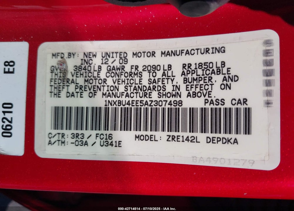 2010 TOYOTA COROLLA VIN: 1NXBU4EE5AZ307498