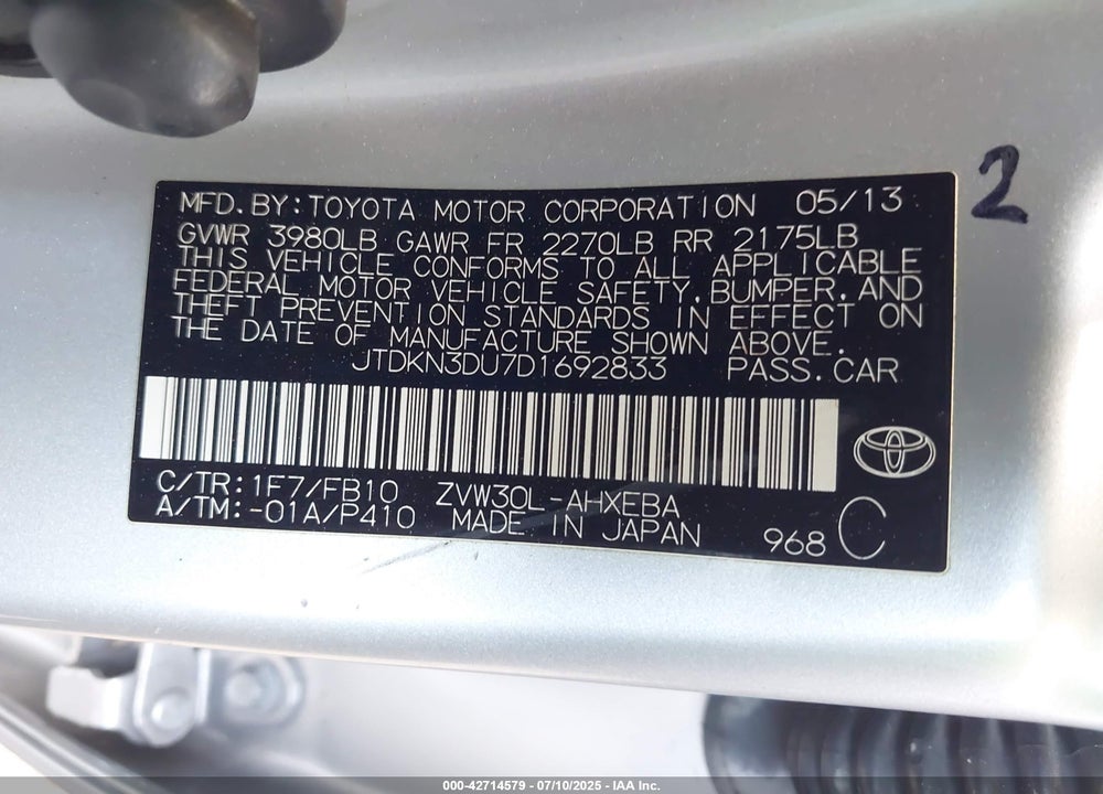 2013 TOYOTA PRIUS VIN: JTDKN3DU7D1692833
