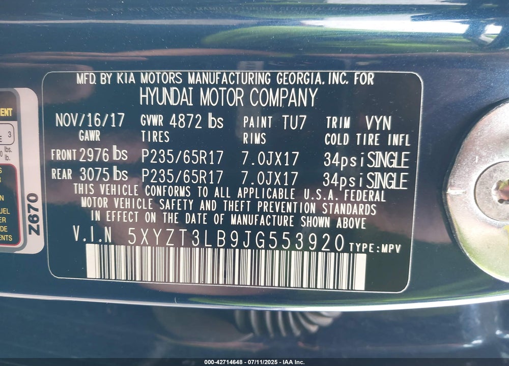 2018 HYUNDAI SANTA FE SPORT 2.4L VIN: 5XYZT3LB9JG553920
