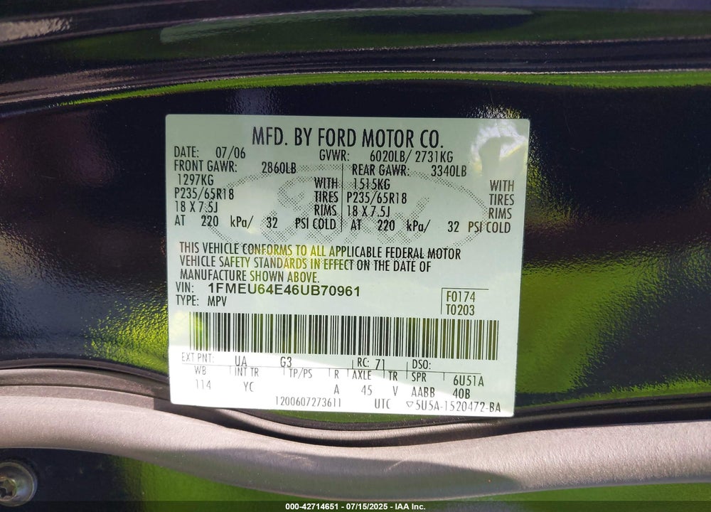 2006 FORD EXPLORER VIN: 1FMEU64E46UB70961