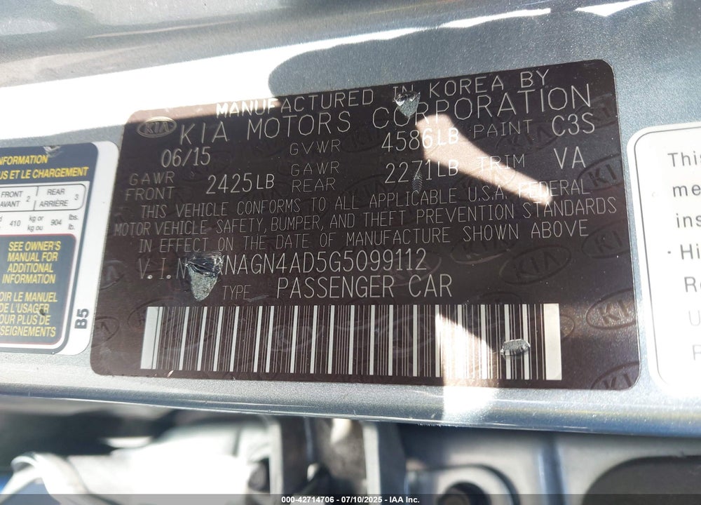 2016 KIA OPTIMA HYBRID VIN: KNAGN4AD5G5099112