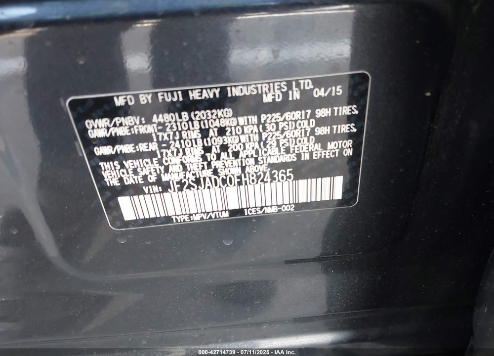 2015 SUBARU FORESTER 2.5I PREMIUM VIN: JF2SJADC0FH824365