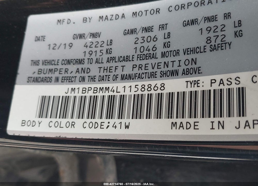 2020 MAZDA MAZDA3 HATCHBACK VIN: JM1BPBMM4L1158868