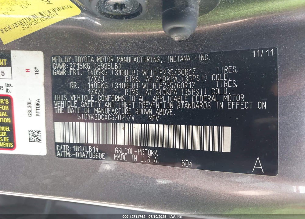 2012 TOYOTA SIENNA VIN: 5TDYK3DCXCS202574