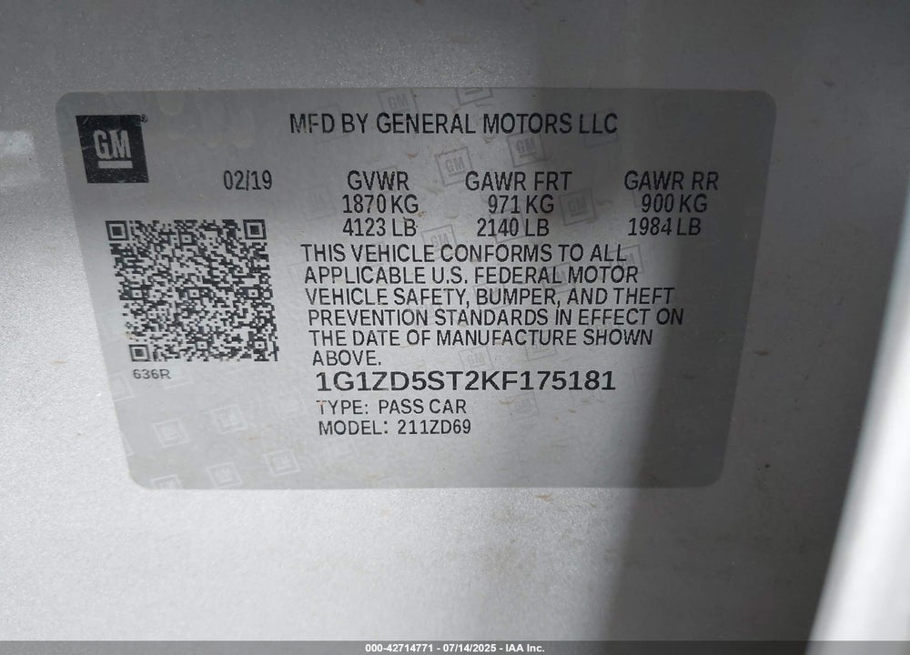 2019 CHEVROLET MALIBU VIN: 1G1ZD5ST2KF175181