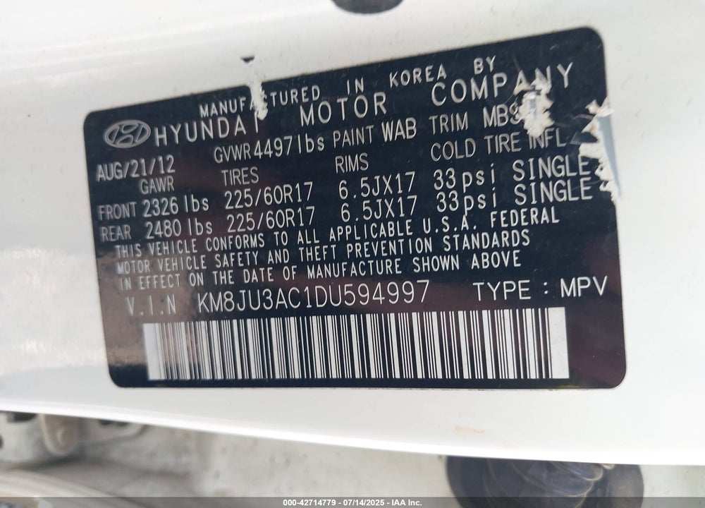 2013 HYUNDAI TUCSON VIN: KM8JU3AC1DU594997