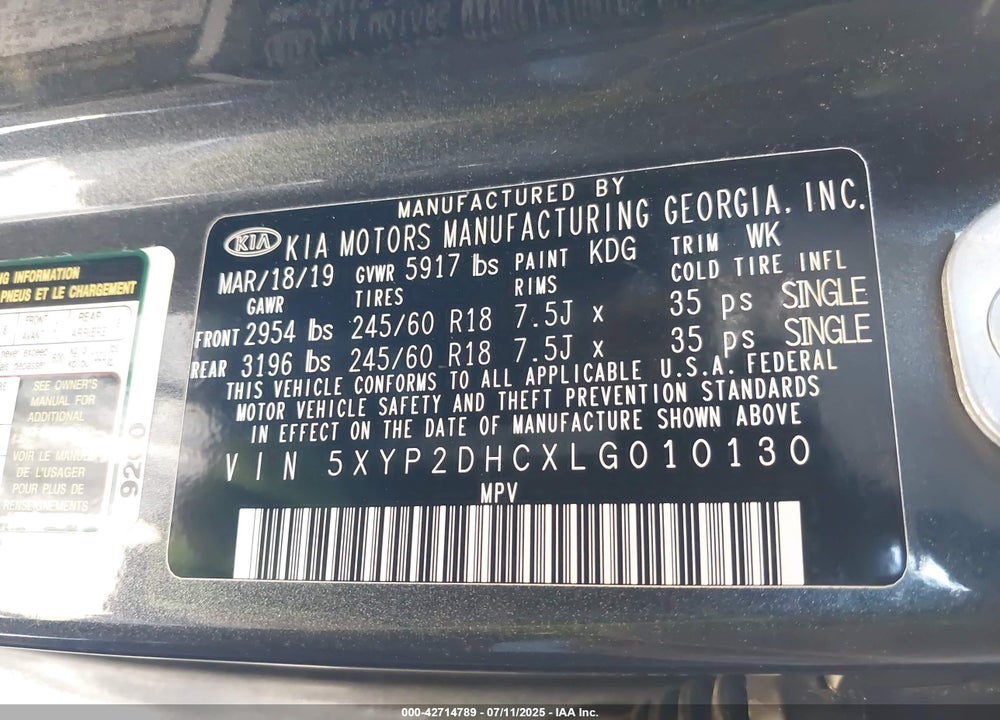 2020 KIA TELLURIDE VIN: 5XYP2DHCXLG010130