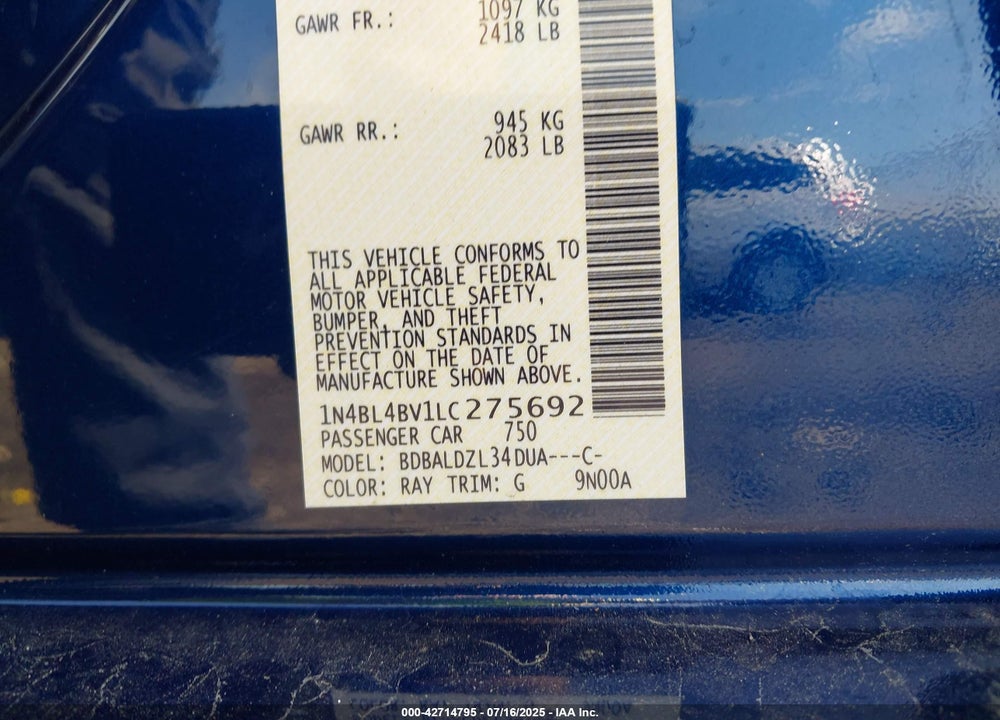2020 NISSAN ALTIMA VIN: 1N4BL4BV1LC275692