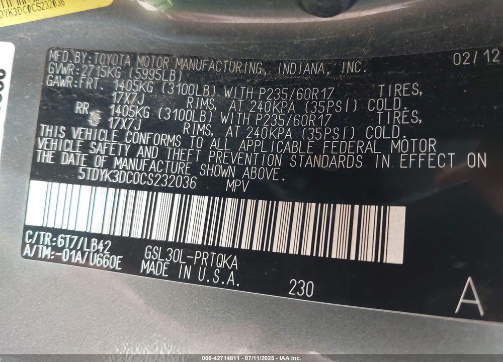 2012 TOYOTA SIENNA VIN: 5TDYK3DC0CS232036