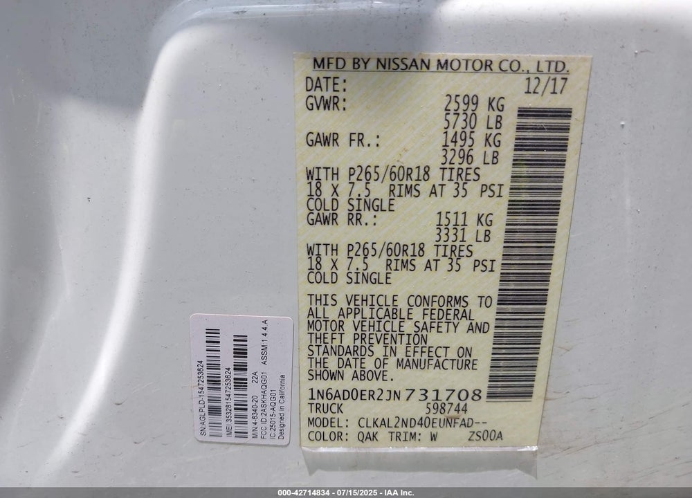 2018 NISSAN FRONTIER VIN: 1N6AD0ER2JN731708