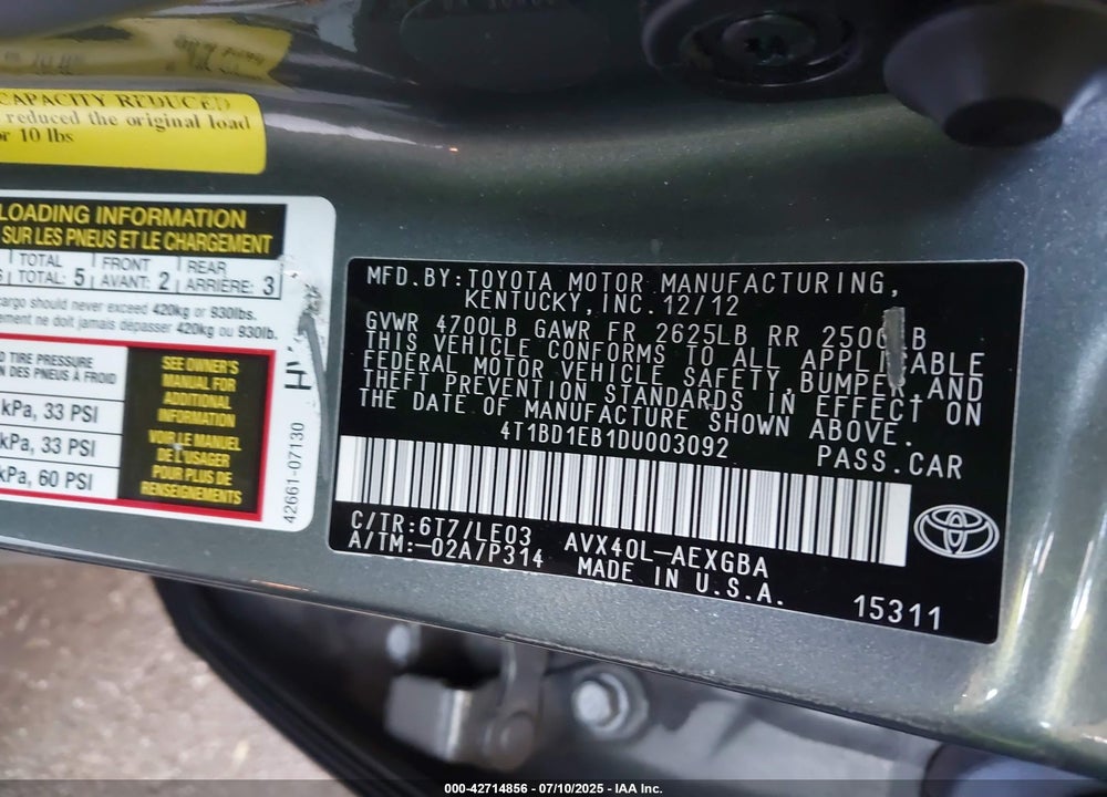 2013 TOYOTA AVALON HYBRID VIN: 4T1BD1EB1DU003092