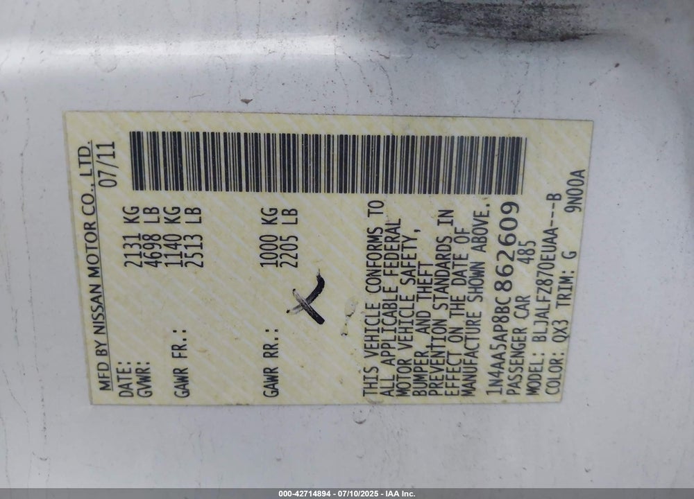 2011 NISSAN MAXIMA VIN: 1N4AA5AP8BC862609
