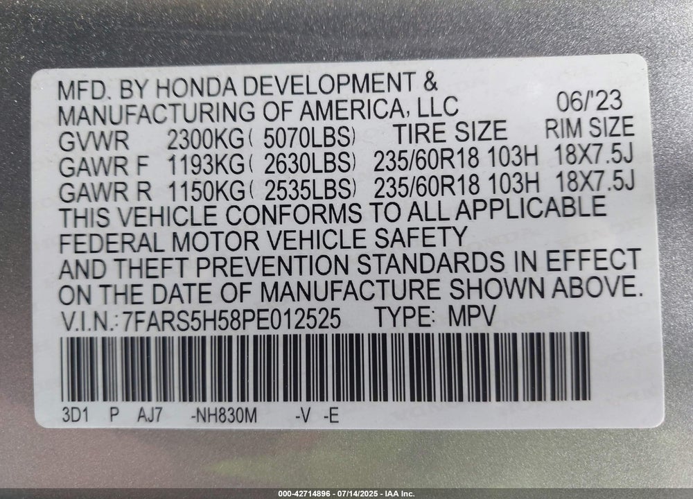 2023 HONDA CR-V HYBRID SPORT VIN: 7FARS5H58PE012525