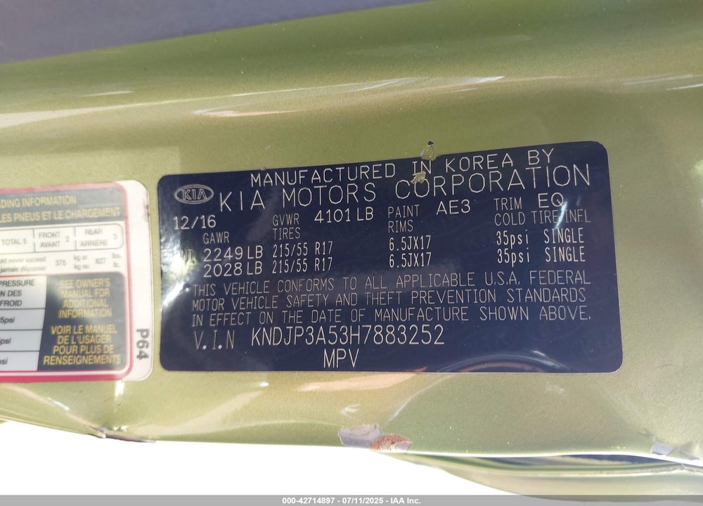 2017 KIA SOUL VIN: KNDJP3A53H7883252
