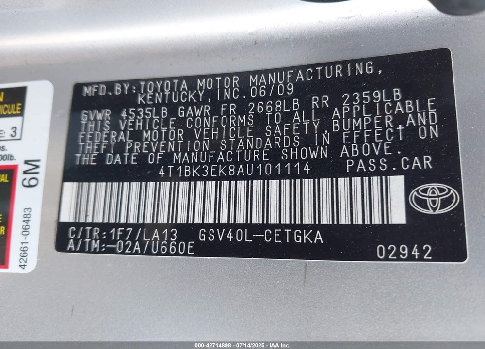 2010 TOYOTA CAMRY VIN: 4T1BK3EK8AU101114