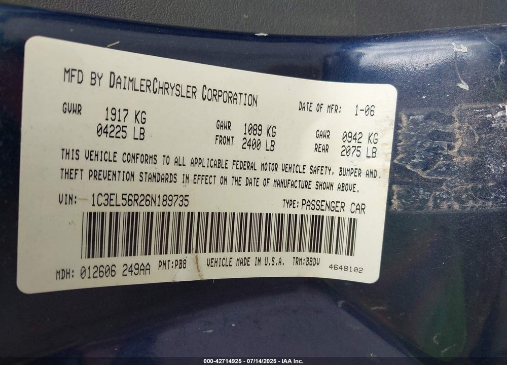 2006 CHRYSLER SEBRING VIN: 1C3EL56R26N189735