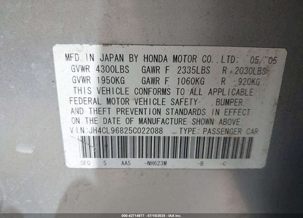 2005 ACURA TSX VIN: JH4CL96825C022088