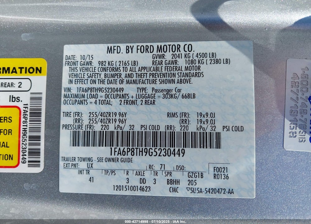 2016 FORD MUSTANG ECOBOOST VIN: 1FA6P8TH9G5230449
