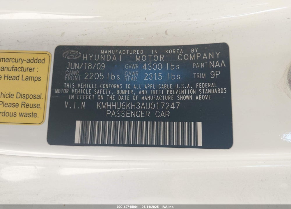 2010 HYUNDAI GENESIS VIN: KMHHU6KH3AU017247