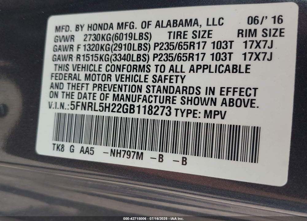 2016 HONDA ODYSSEY LX VIN: 5FNRL5H22GB118273