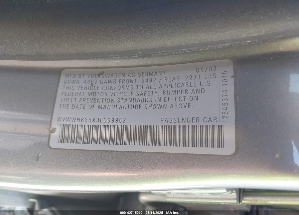2003 VOLKSWAGEN PASSAT GLX VIN: WVWWH63BX3E069952