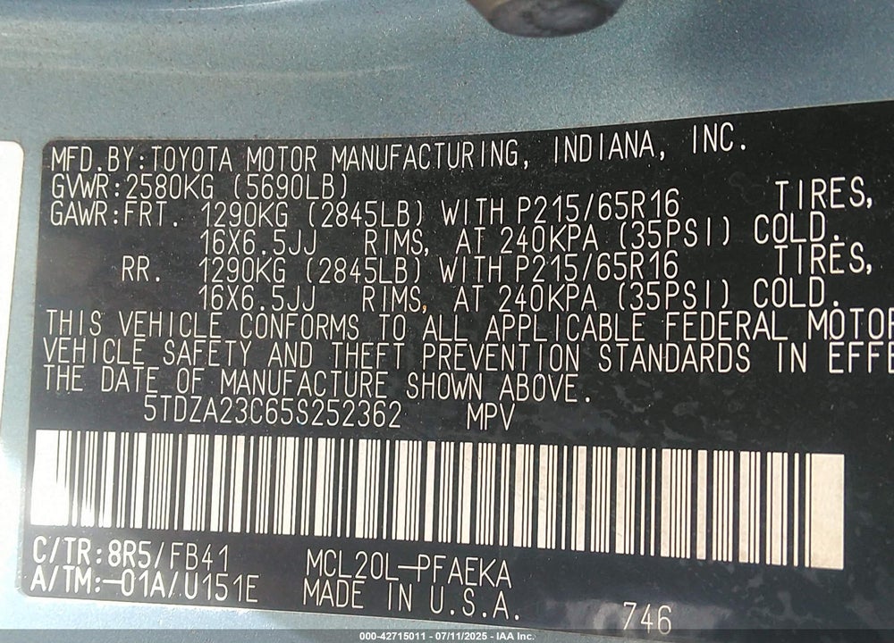 2005 TOYOTA SIENNA LE VIN: 5TDZA23C65S252362
