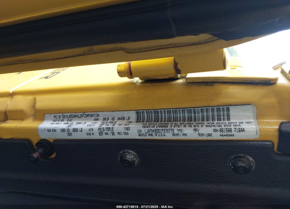 2001 JEEP WRANGLER SPORT VIN: 1J4FA49S81P370778