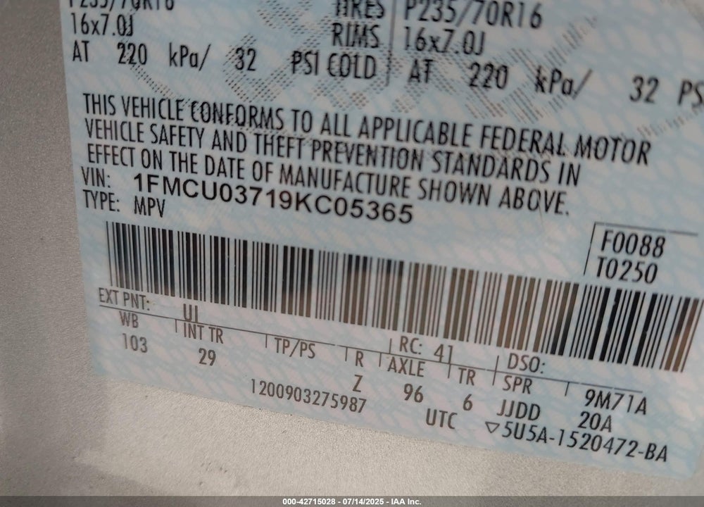 2009 FORD ESCAPE XLT VIN: 1FMCU03719KC05365
