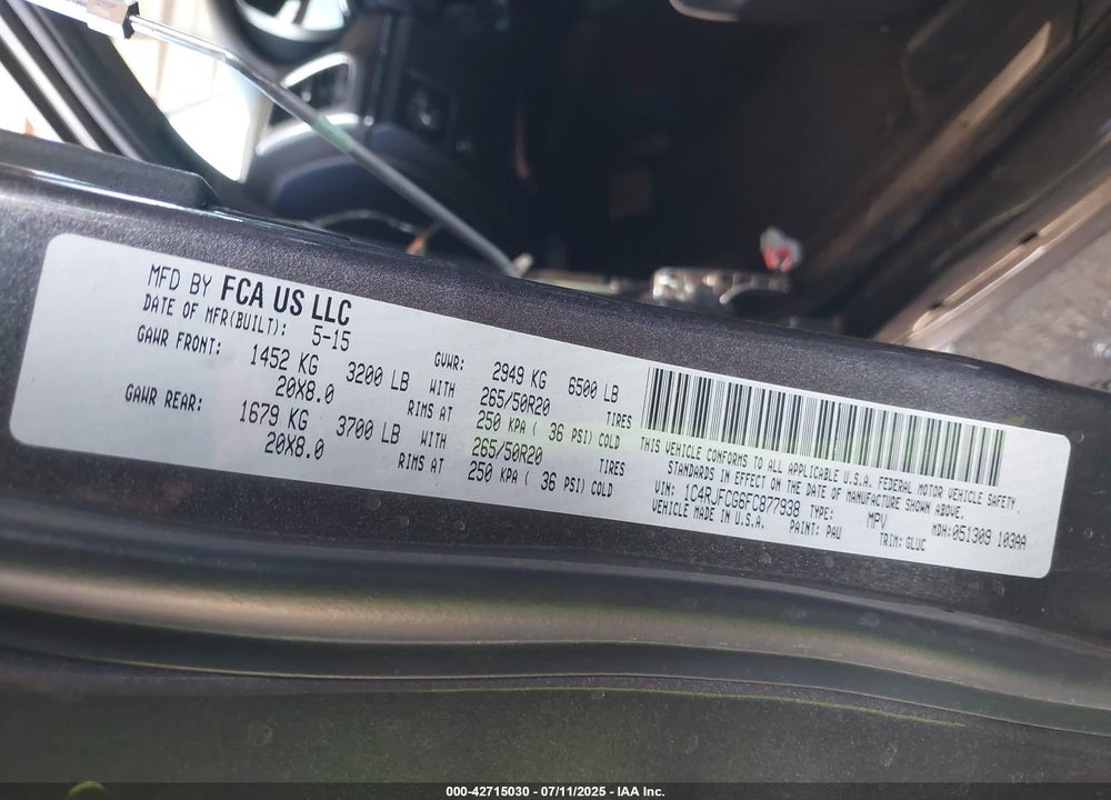 2015 JEEP GRAND CHEROKEE VIN: 1C4RJFCG6FC877938