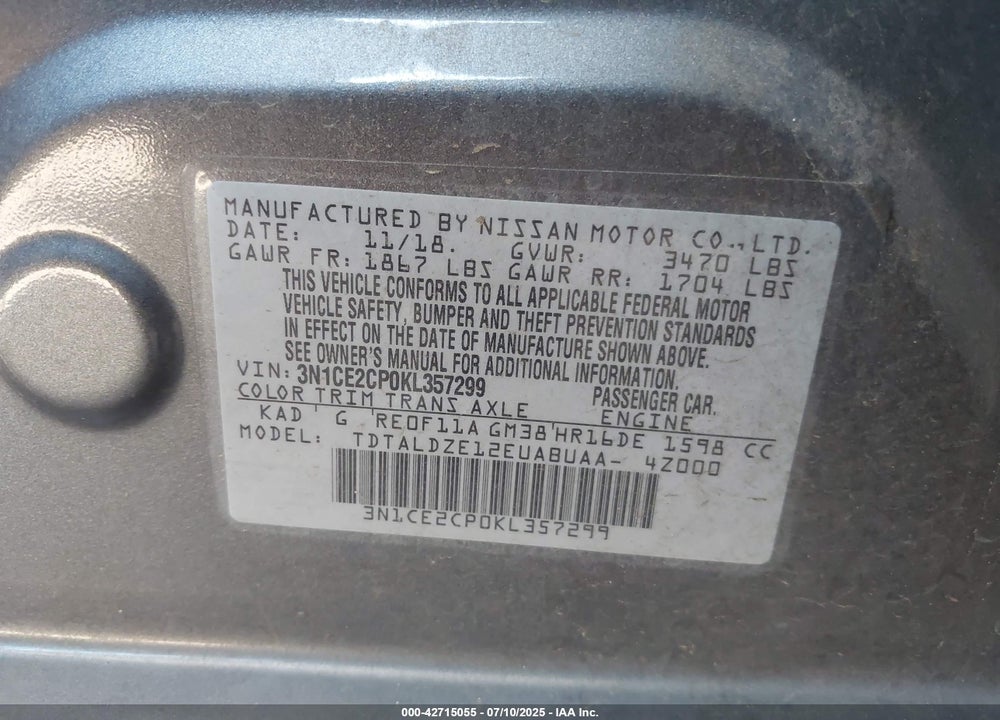 2019 NISSAN VERSA NOTE VIN: 3N1CE2CP0KL357299