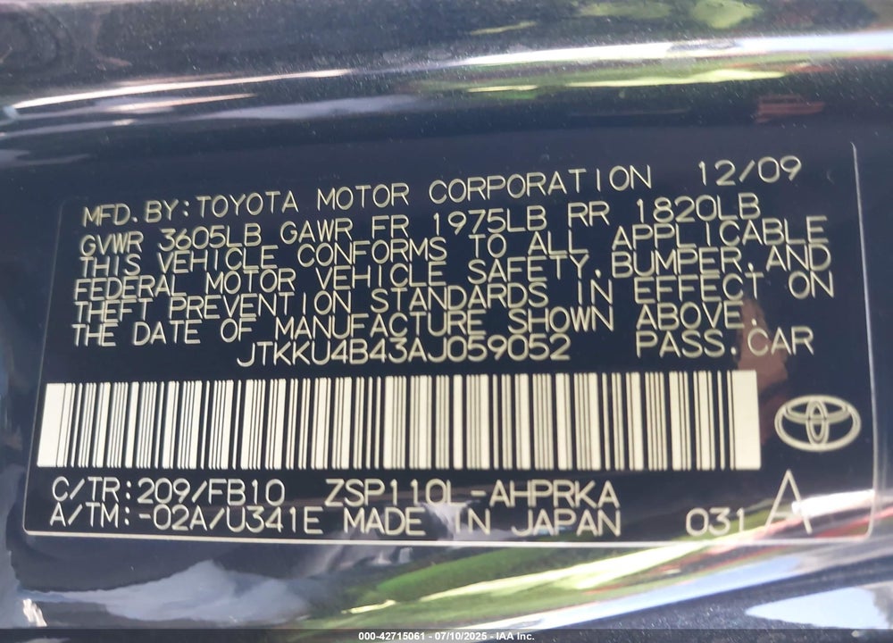 2010 SCION XD VIN: JTKKU4B43AJ059052