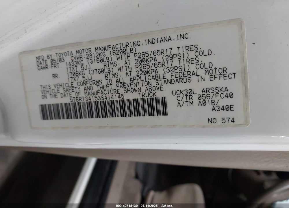 2003 TOYOTA TUNDRA VIN: 5TBRT34153S414145