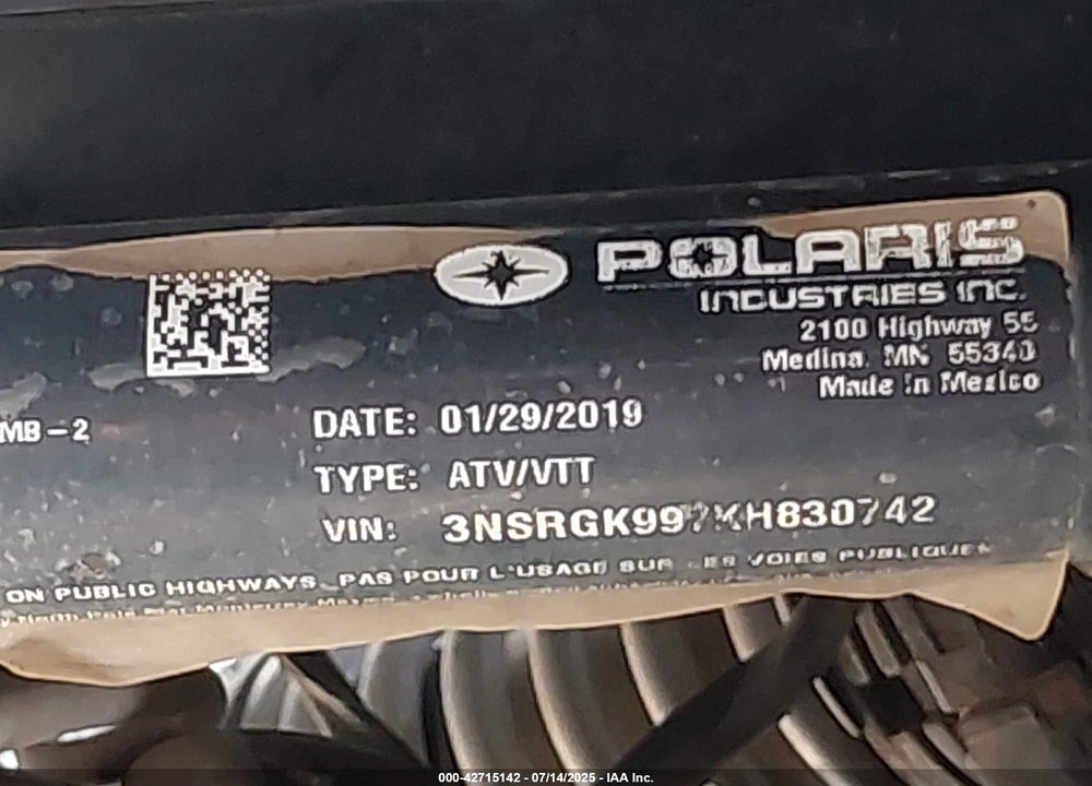 2019 POLARIS GENERAL 1000 EPS RIDE COMMAND EDITION VIN: 3NSRGK997KH830742