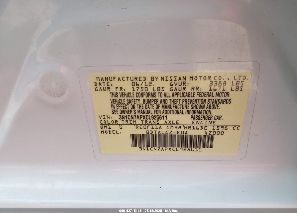 2012 NISSAN VERSA VIN: 3N1CN7APXCL925611