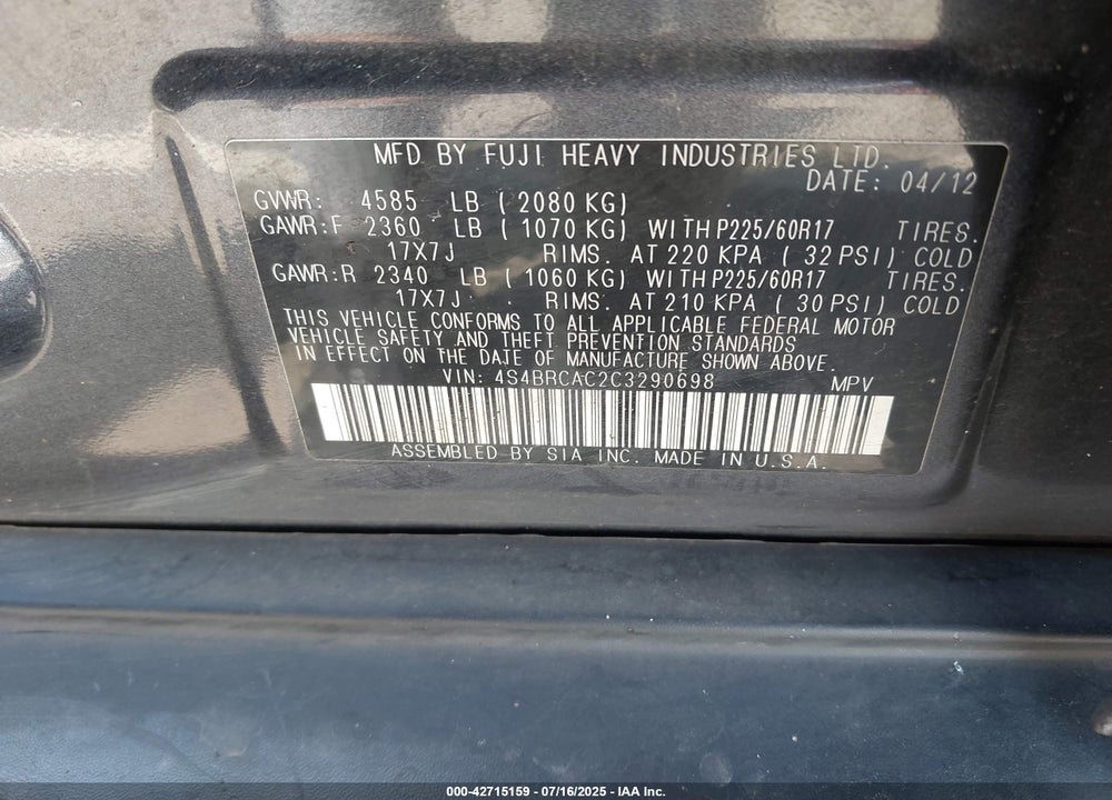 2012 SUBARU OUTBACK VIN: 4S4BRCAC2C3290698