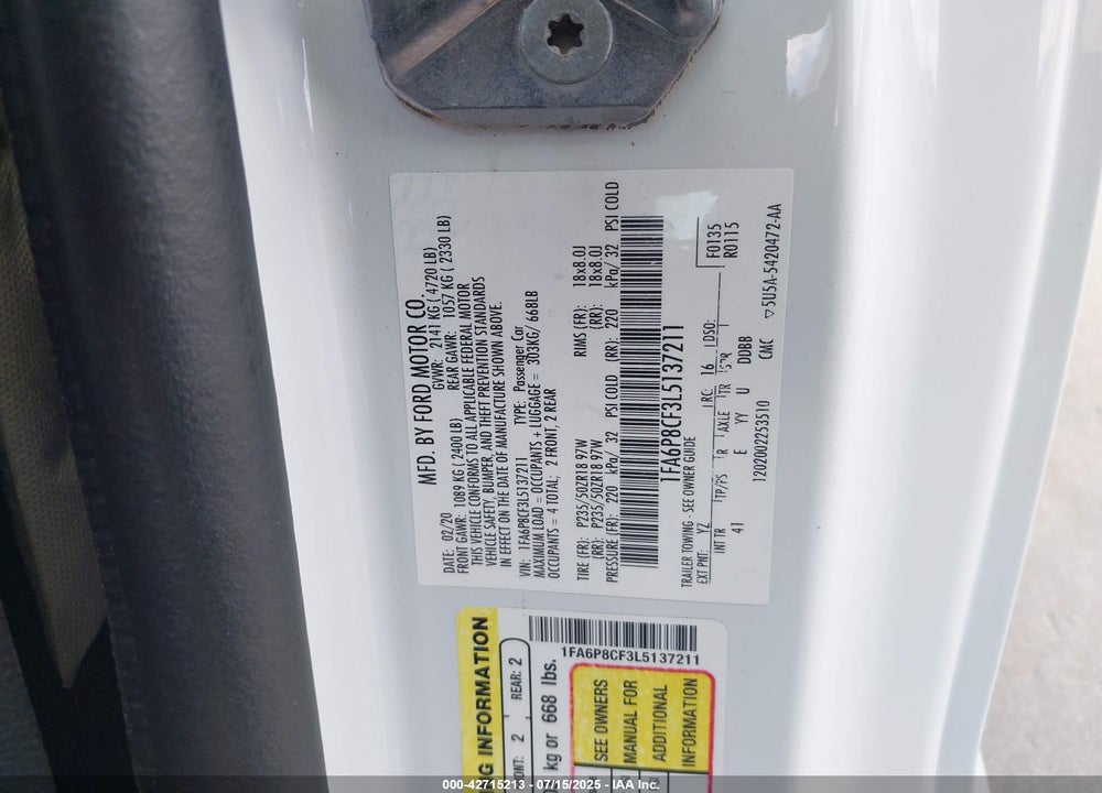 2020 FORD MUSTANG VIN: 1FA6P8CF3L5137211