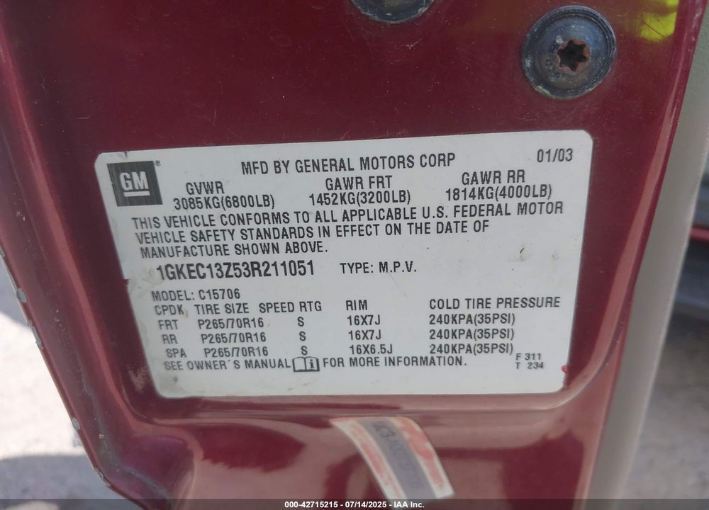 2003 GMC YUKON SLE VIN: 1GKEC13Z53R211051