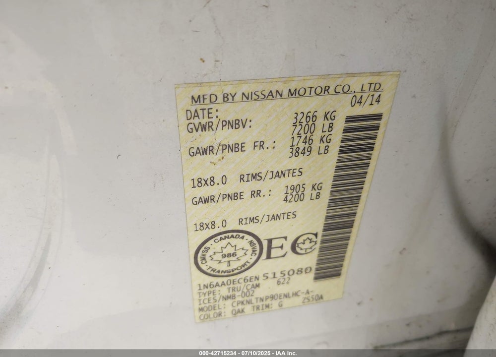 2014 NISSAN TITAN VIN: 1N6AA0EC6EN515080