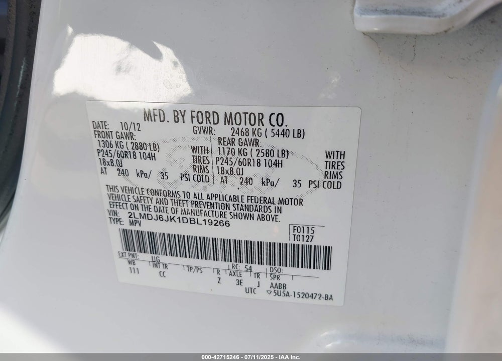 2013 LINCOLN MKX VIN: 2LMDJ6JK1DBL19266