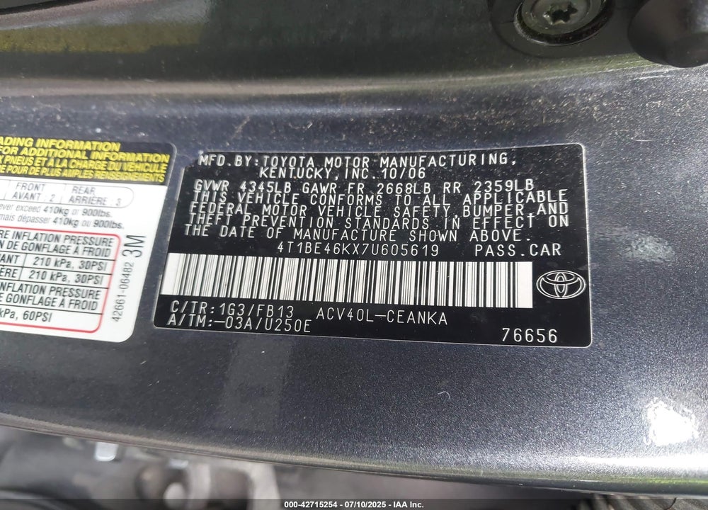 2007 TOYOTA CAMRY VIN: 4T1BE46KX7U605619