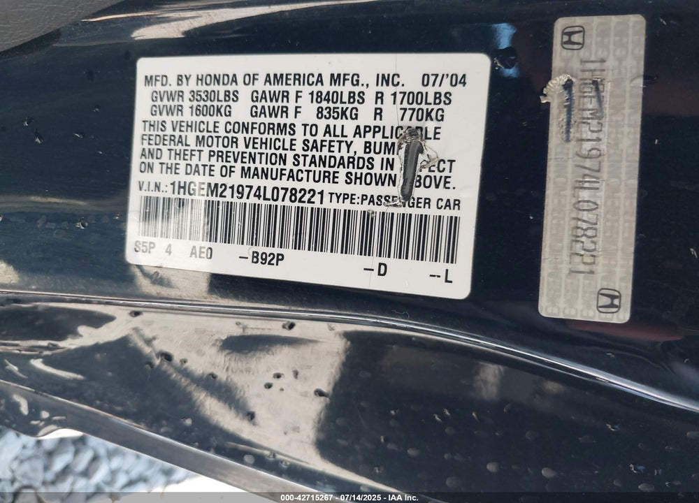 2004 HONDA CIVIC EX VIN: 1HGEM21974L078221