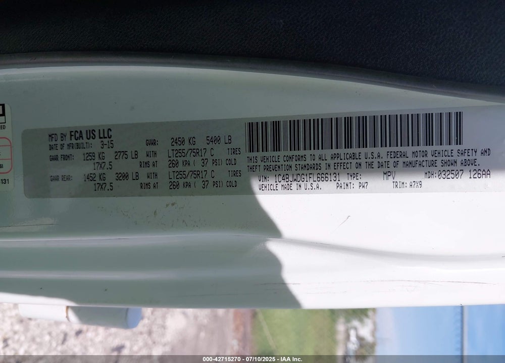 2015 JEEP WRANGLER UNLIMITED VIN: 1C4BJWDG1FL666131