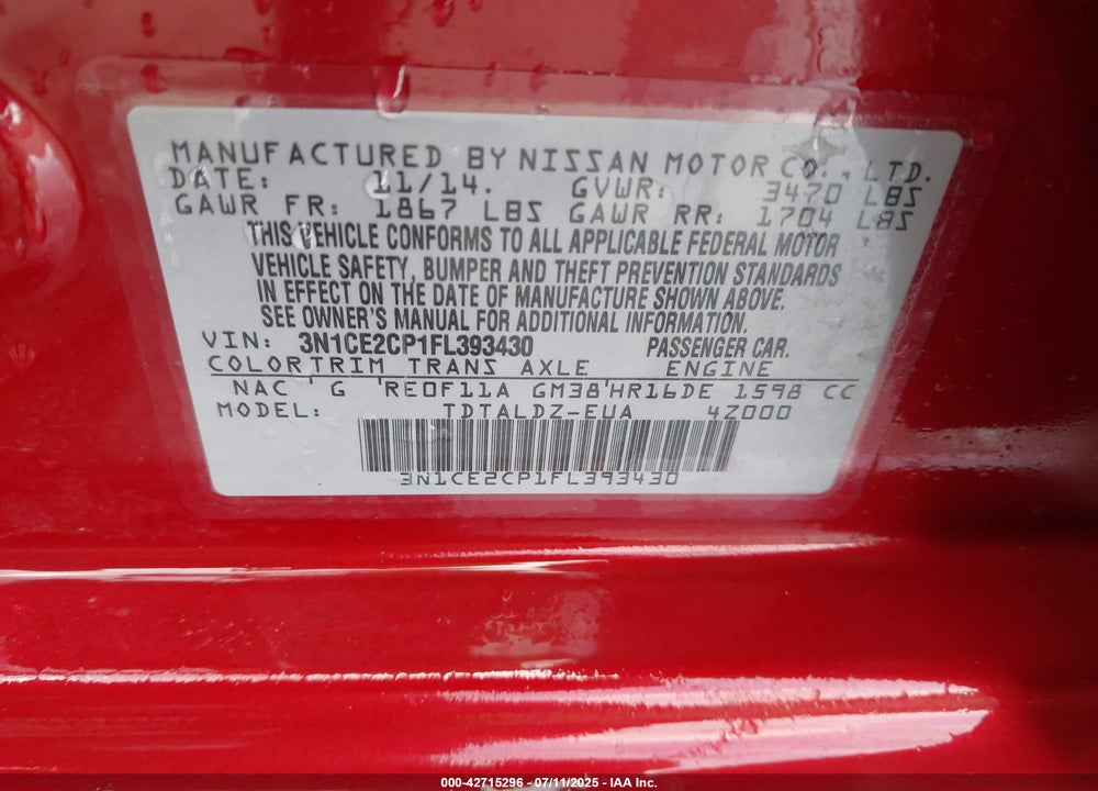 2015 NISSAN VERSA NOTE VIN: 3N1CE2CP1FL393430